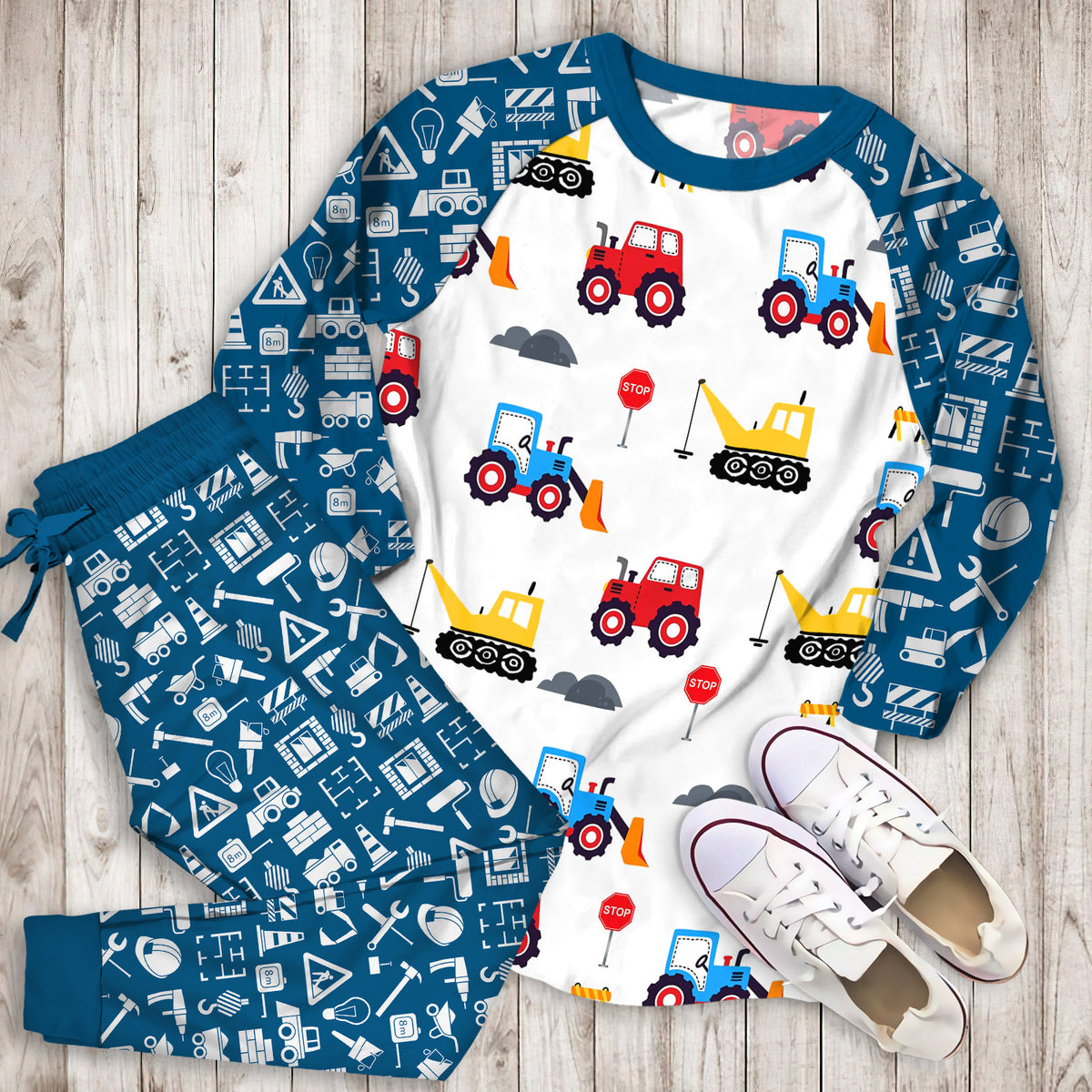 Construction Truck Pajama Set | Pajamas | Cotton Sleepwear Sets | Soft Long Sleeve Pjs | Raglan Shirt and Pants Set