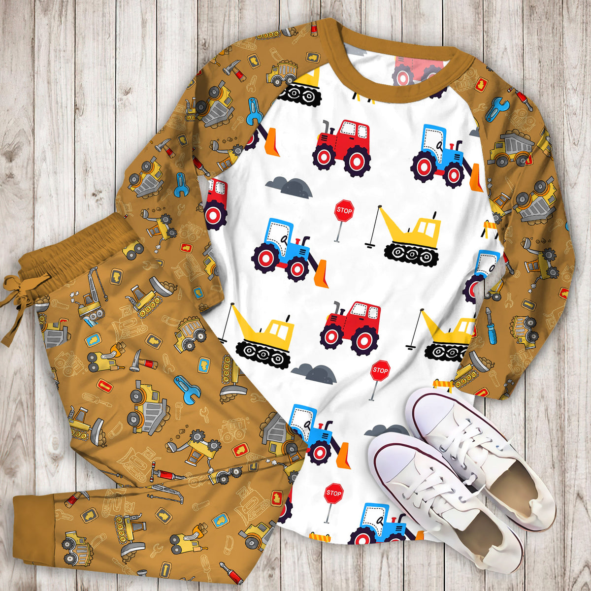 Construction Truck Pajama Set | Pajamas | Cotton Sleepwear Sets | Soft Long Sleeve Pjs | Raglan Shirt and Pants Set