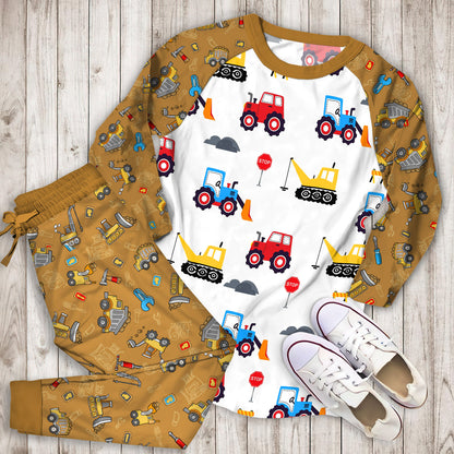 Construction Truck Pajama Set | Pajamas | Cotton Sleepwear Sets | Soft Long Sleeve Pjs | Raglan Shirt and Pants Set