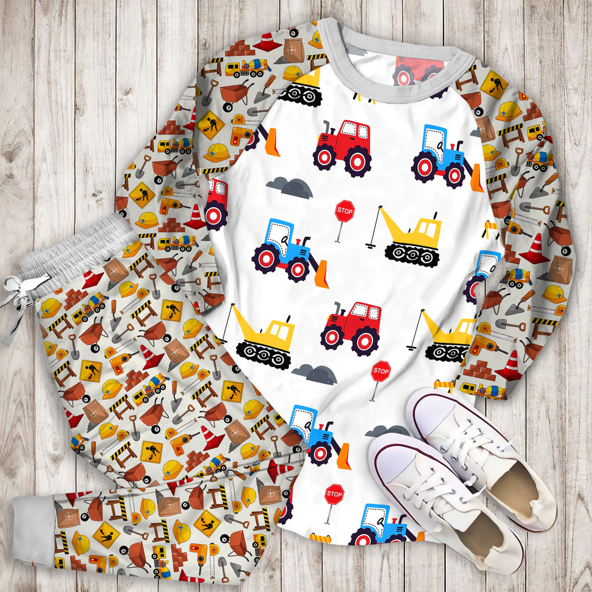 Construction Truck Pajama Set | Pajamas | Cotton Sleepwear Sets | Soft Long Sleeve Pjs | Raglan Shirt and Pants Set