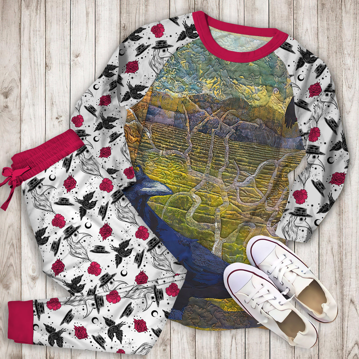 Crow Pajama Set | Pajamas | Cotton Sleepwear Sets | Soft Long Sleeve Pjs | Raglan Shirt and Pants Set