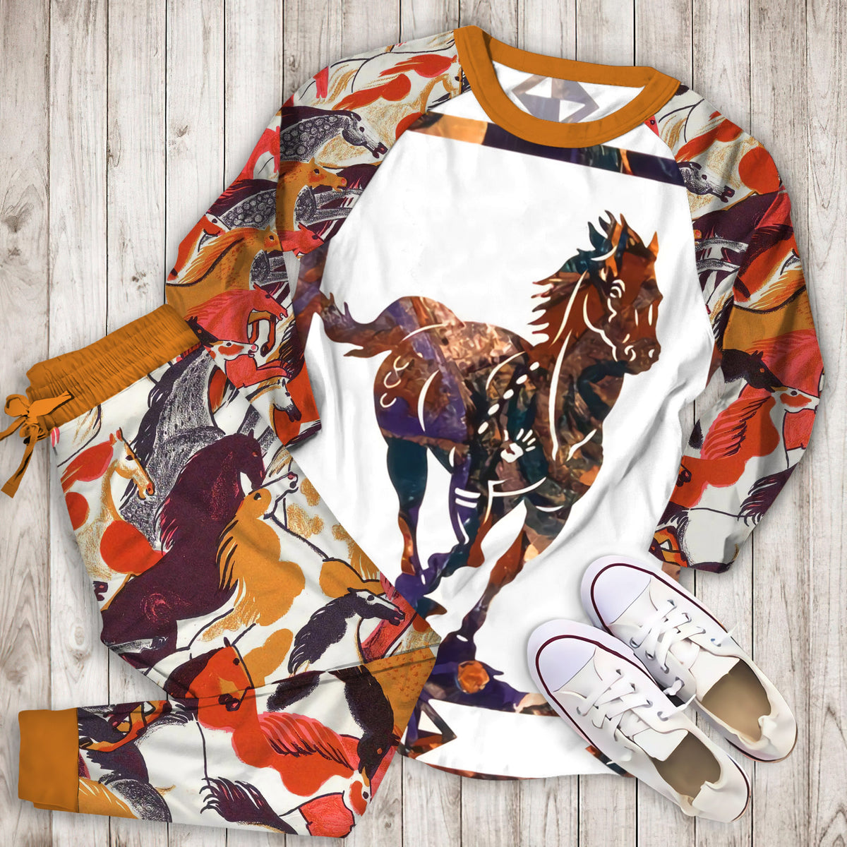 Horse Pajama Set | Pajamas | Cotton Sleepwear Sets | Soft Long Sleeve Pjs | Raglan Shirt and Pants Set
