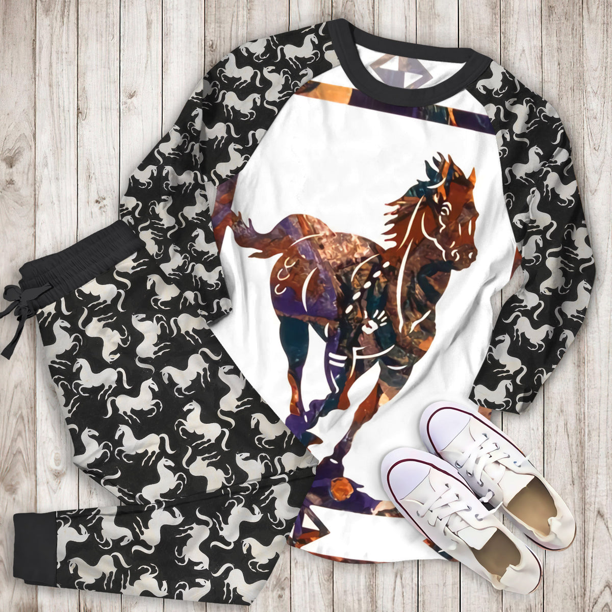 Horse Pajama Set | Pajamas | Cotton Sleepwear Sets | Soft Long Sleeve Pjs | Raglan Shirt and Pants Set