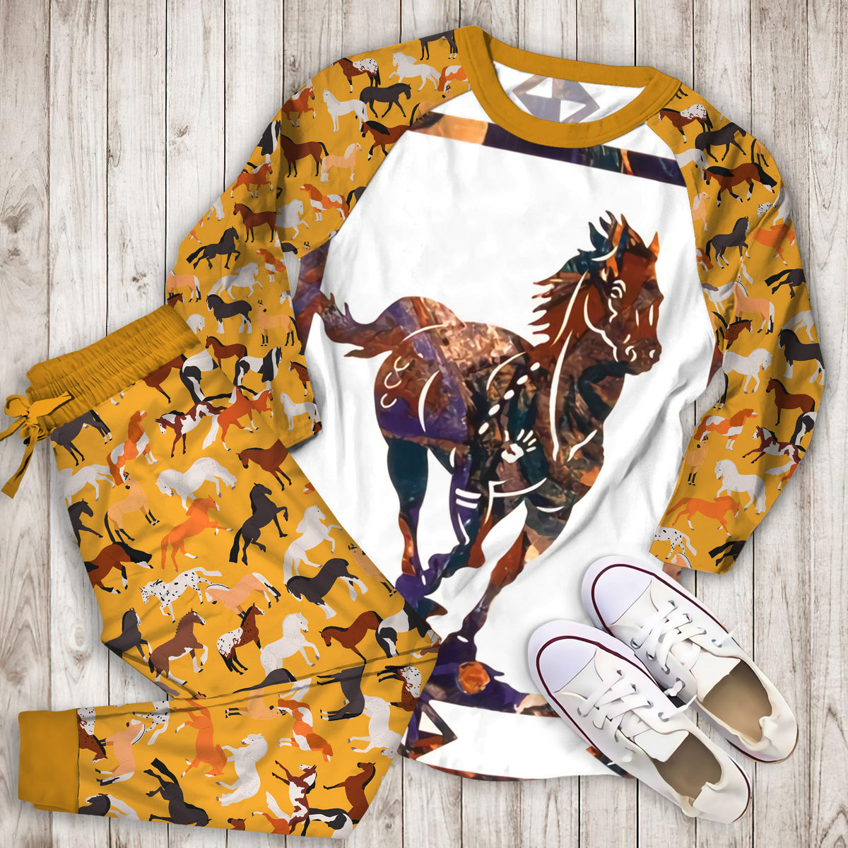 Horse Pajama Set | Pajamas | Cotton Sleepwear Sets | Soft Long Sleeve Pjs | Raglan Shirt and Pants Set