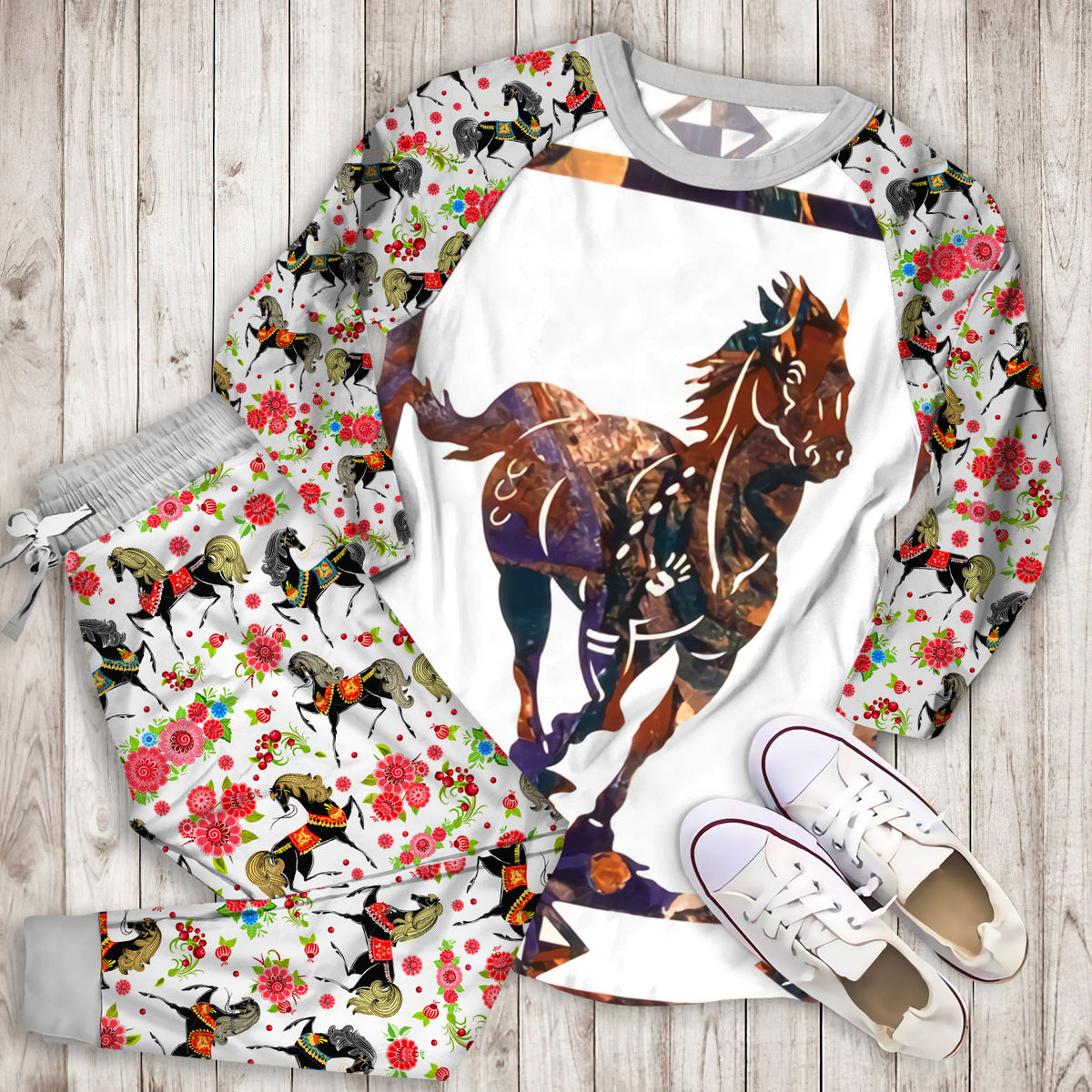 Horse Pajama Set | Pajamas | Cotton Sleepwear Sets | Soft Long Sleeve Pjs | Raglan Shirt and Pants Set