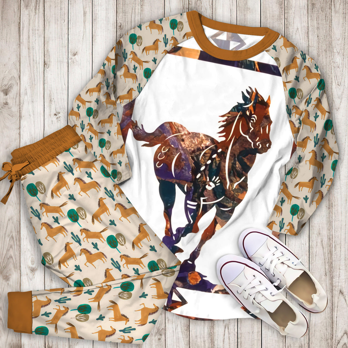 Horse Pajama Set | Pajamas | Cotton Sleepwear Sets | Soft Long Sleeve Pjs | Raglan Shirt and Pants Set