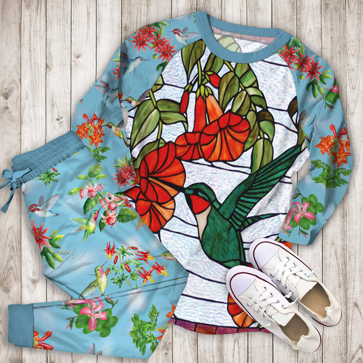 Hummingbird Pajama Set | Pajamas | Cotton Sleepwear Sets | Soft Long Sleeve Pjs | Raglan Shirt and Pants Set