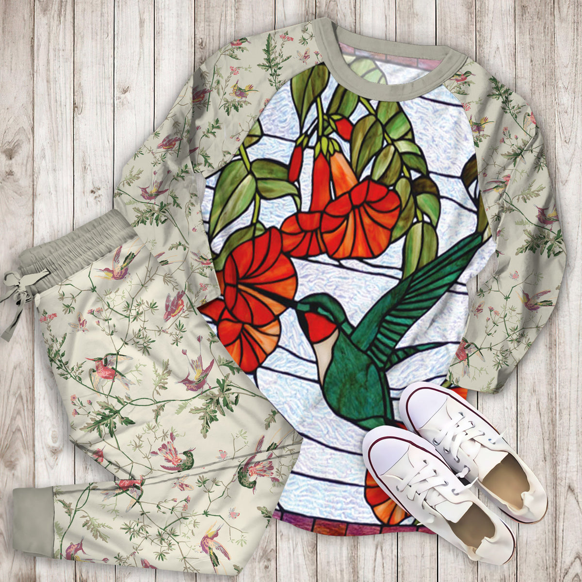 Hummingbird Pajama Set | Pajamas | Cotton Sleepwear Sets | Soft Long Sleeve Pjs | Raglan Shirt and Pants Set
