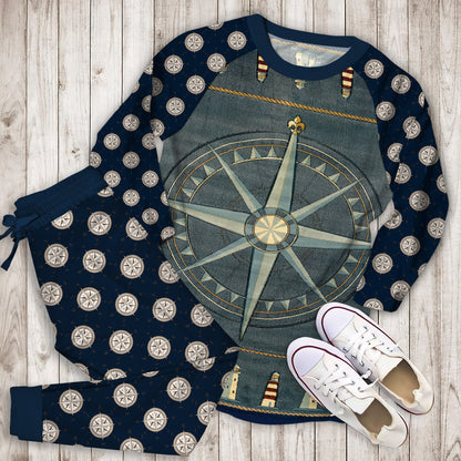 Compass Rose Nautical Pajama Set |Sleepwear Pjs Sets | Raglan Shirt Pants Set
