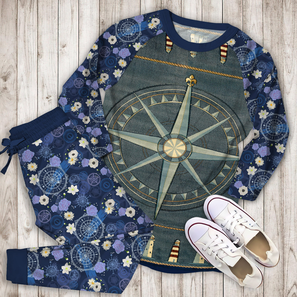 Compass Rose Nautical Pajama Set |Sleepwear Pjs Sets | Raglan Shirt Pants Set