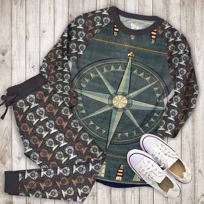 Compass Rose Nautical Pajama Set |Sleepwear Pjs Sets | Raglan Shirt Pants Set