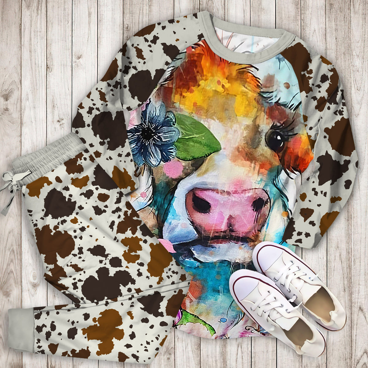 Beautiful Cow Art Pajama Set |Sleepwear Pjs Sets | Raglan Shirt Pants Set