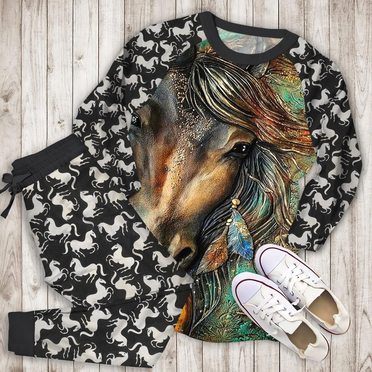 Horse Gorgeous Pajama Set | Pajamas | Cotton Sleepwear Sets | Soft Long Sleeve Pjs | Raglan Shirt and Pants Set