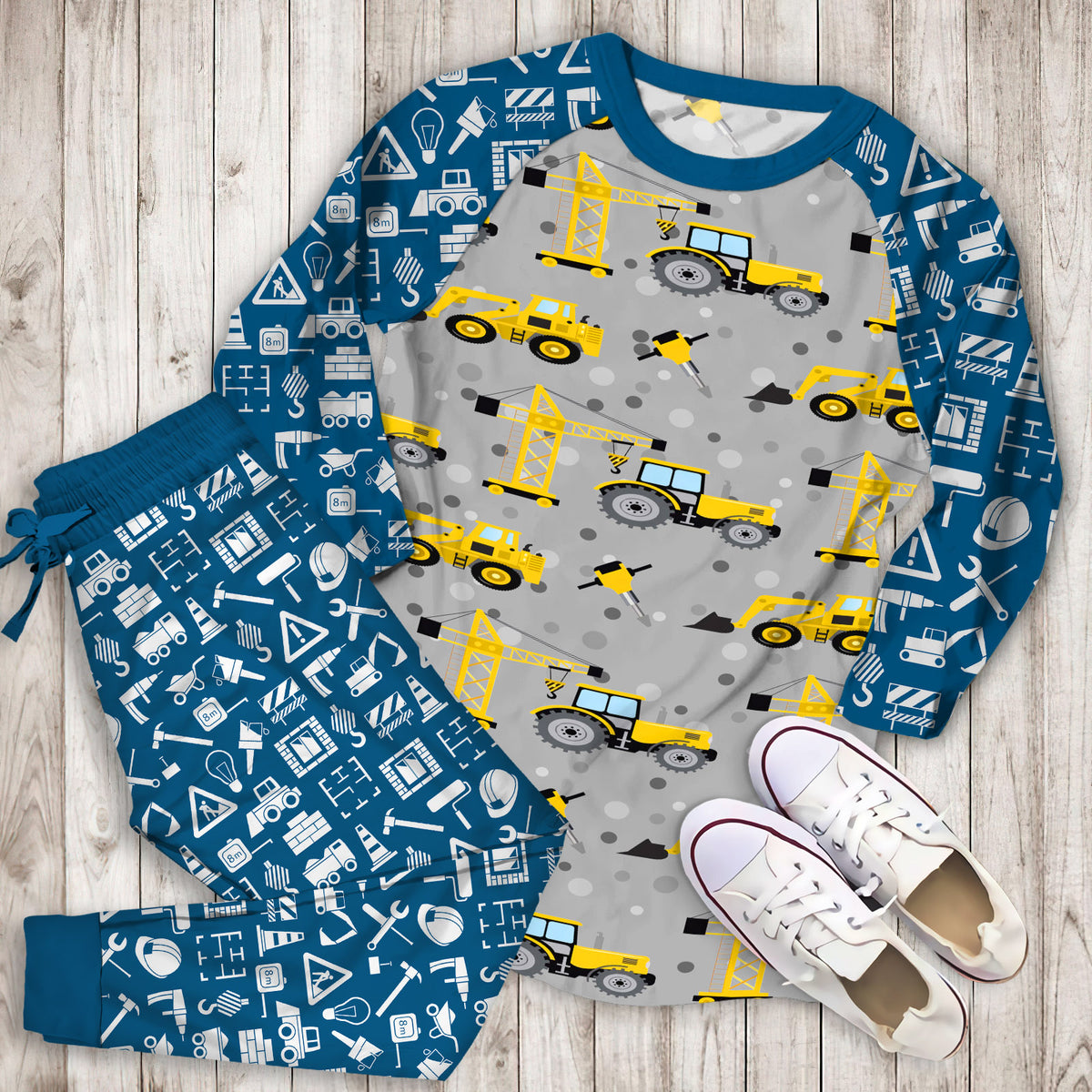 Construction Truck Pajama Set | Pajamas | Cotton Sleepwear Sets | Soft Long Sleeve Pjs | Raglan Shirt and Pants Set