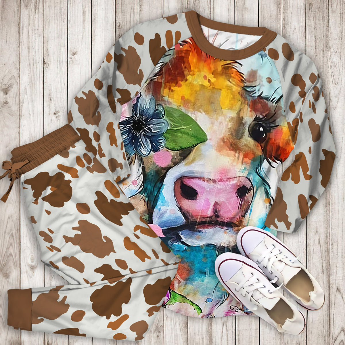 Beautiful Cow Art Pajama Set |Sleepwear Pjs Sets | Raglan Shirt Pants Set