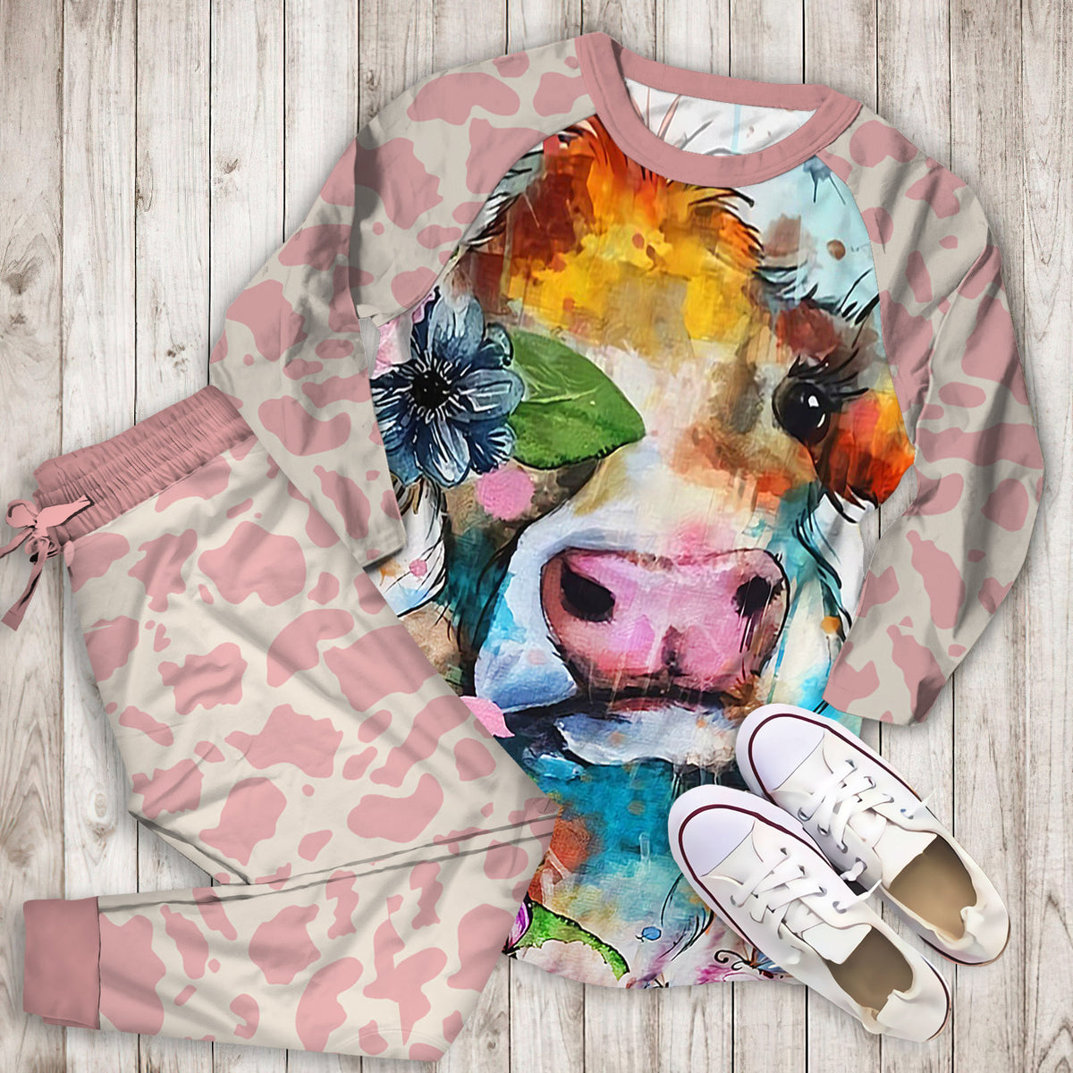 Beautiful Cow Art Pajama Set |Sleepwear Pjs Sets | Raglan Shirt Pants Set