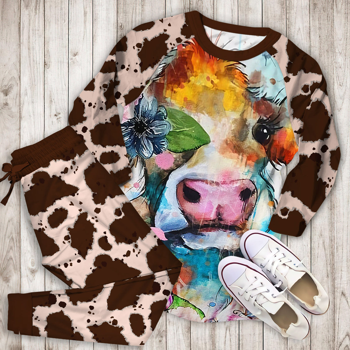 Beautiful Cow Art Pajama Set |Sleepwear Pjs Sets | Raglan Shirt Pants Set