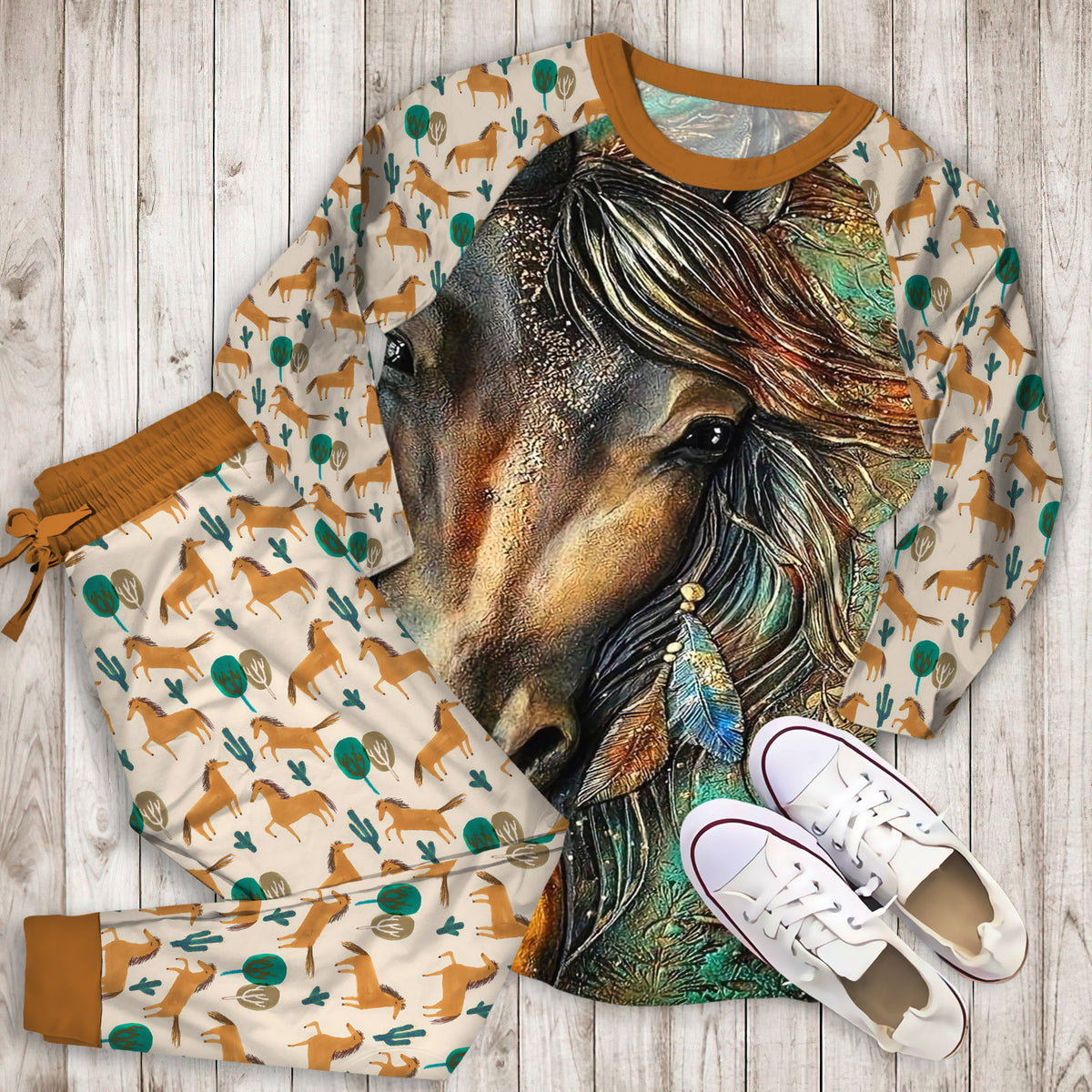 Horse Gorgeous Pajama Set | Pajamas | Cotton Sleepwear Sets | Soft Long Sleeve Pjs | Raglan Shirt and Pants Set
