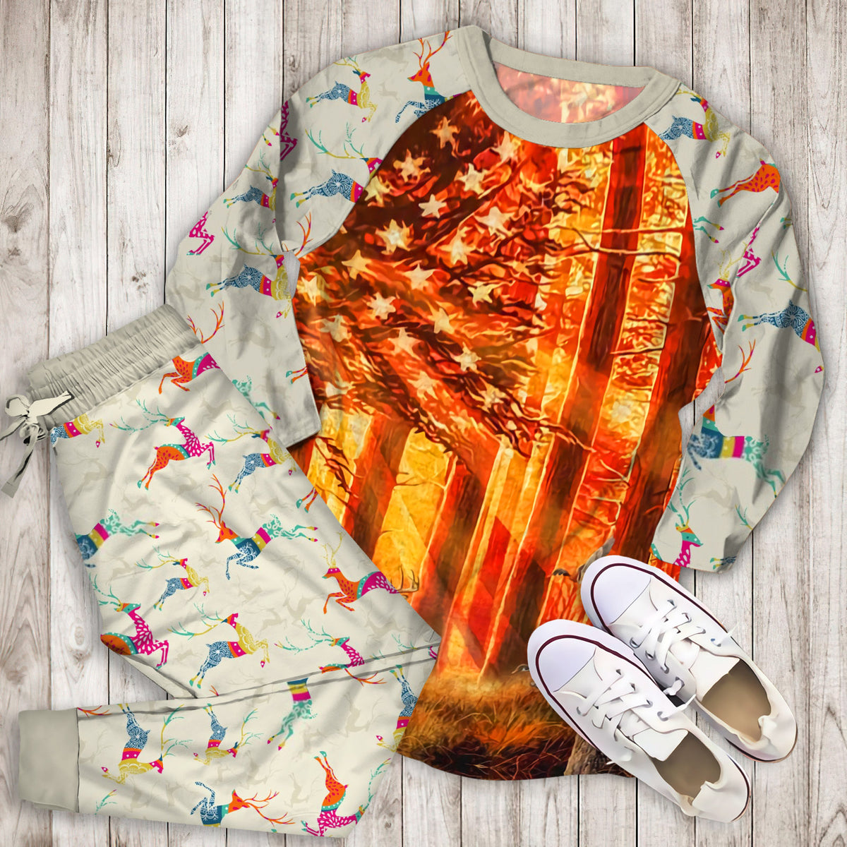 Deer Hunting Pajama Set | Pajamas | Cotton Sleepwear Sets | Soft Long Sleeve Pjs | Raglan Shirt and Pants Set