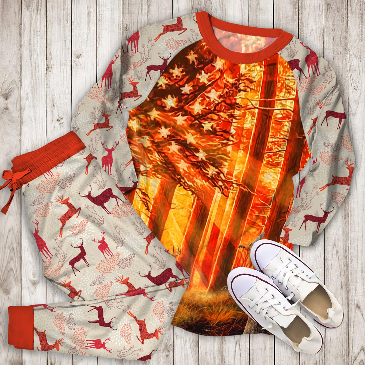 Deer Hunting Pajama Set | Pajamas | Cotton Sleepwear Sets | Soft Long Sleeve Pjs | Raglan Shirt and Pants Set