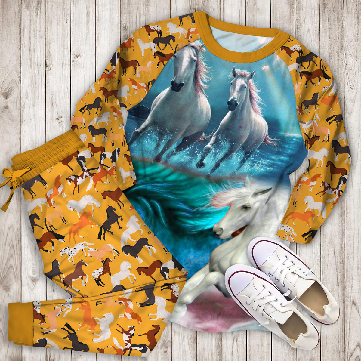 Horse Pajama Set | Pajamas | Cotton Sleepwear Sets | Soft Long Sleeve Pjs | Raglan Shirt and Pants Set