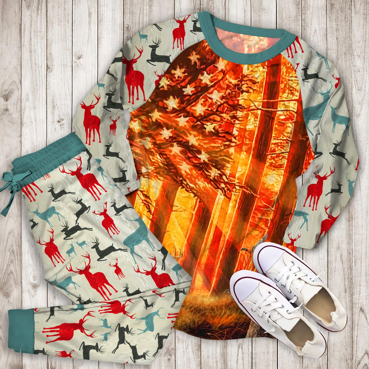 Deer Hunting Pajama Set | Pajamas | Cotton Sleepwear Sets | Soft Long Sleeve Pjs | Raglan Shirt and Pants Set