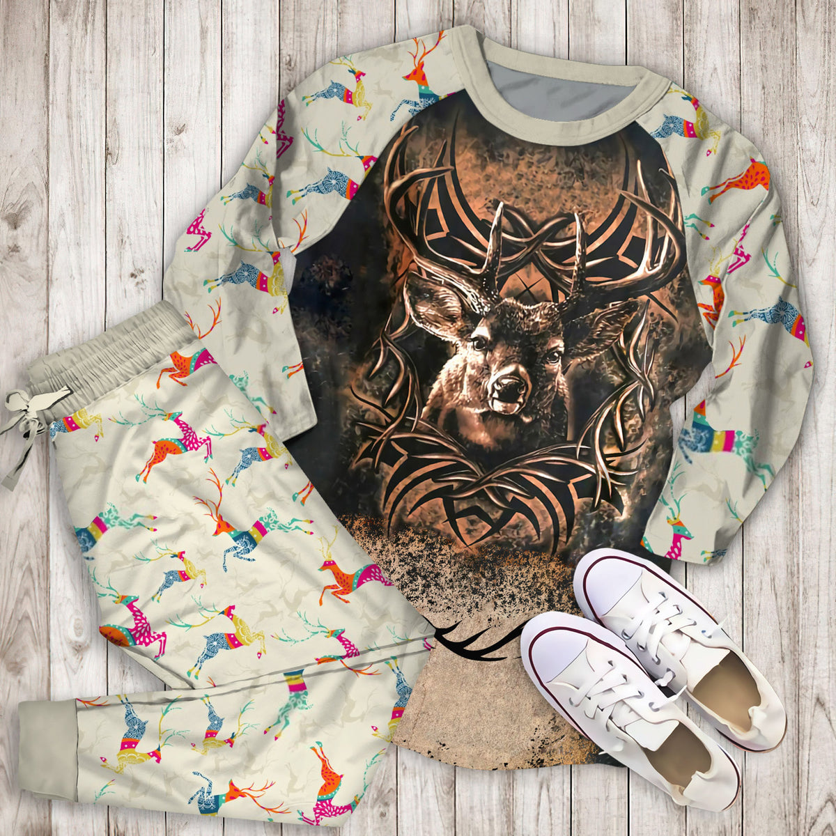 Deer Hunting Pajama Set | Pajamas | Cotton Sleepwear Sets | Soft Long Sleeve Pjs | Raglan Shirt and Pants Set