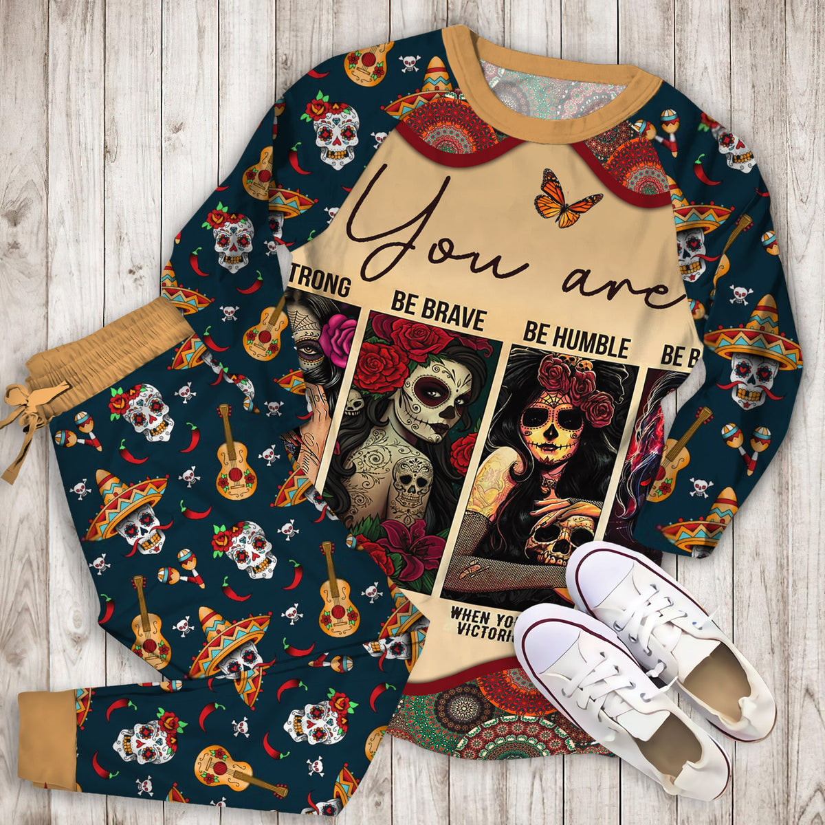 Day Of The Dead Beautiful Pajama Set |Sleepwear Pjs Sets | Raglan Shirt Pants Set