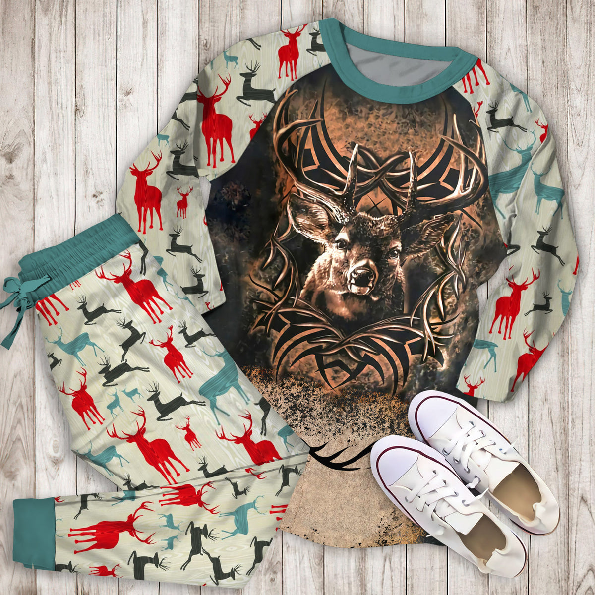 Deer Hunting Pajama Set | Pajamas | Cotton Sleepwear Sets | Soft Long Sleeve Pjs | Raglan Shirt and Pants Set