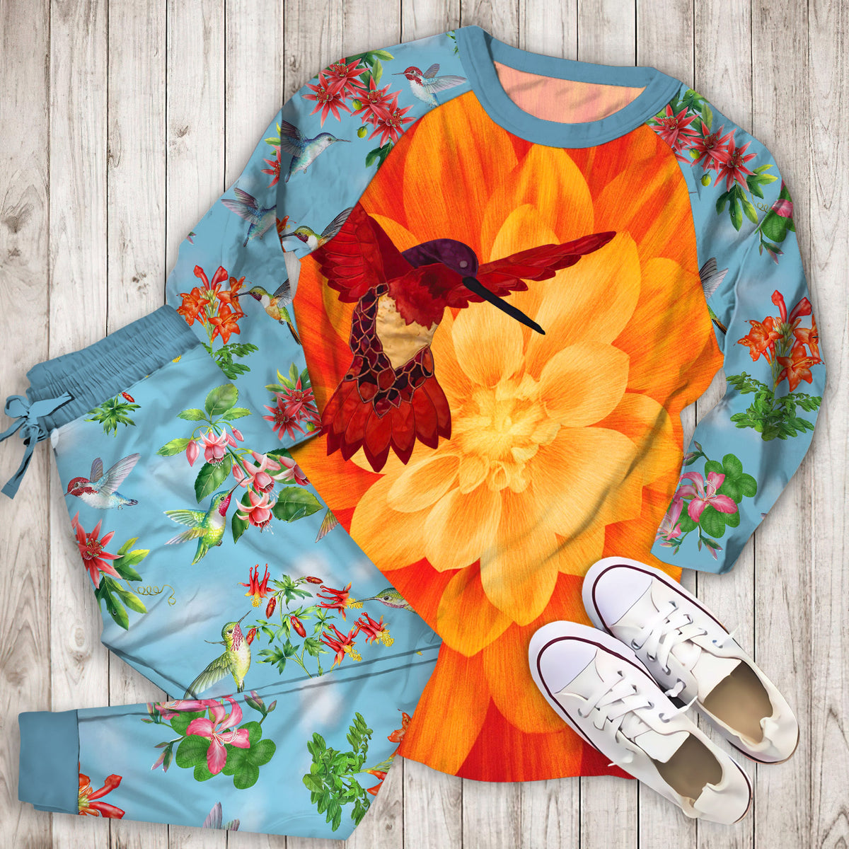 Hummingbird Pajama Set | Pajamas | Cotton Sleepwear Sets | Soft Long Sleeve Pjs | Raglan Shirt and Pants Set