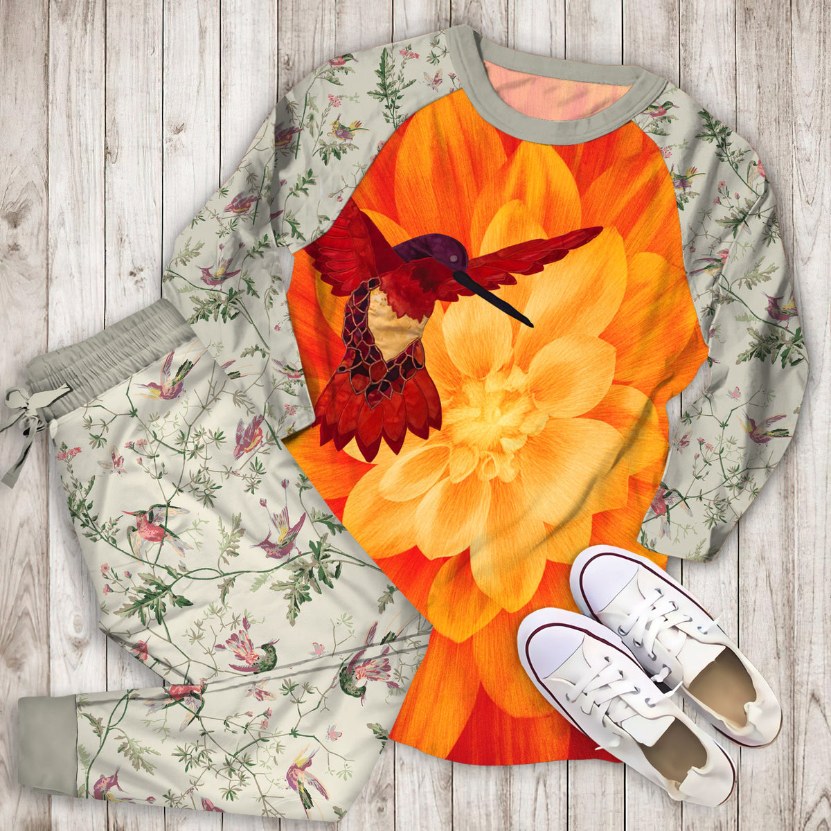 Hummingbird Pajama Set | Pajamas | Cotton Sleepwear Sets | Soft Long Sleeve Pjs | Raglan Shirt and Pants Set
