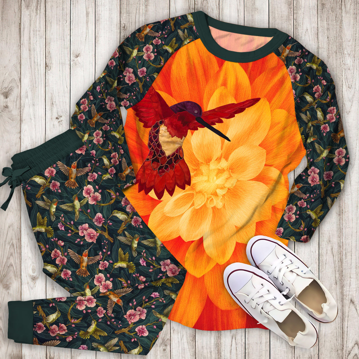 Hummingbird Pajama Set | Pajamas | Cotton Sleepwear Sets | Soft Long Sleeve Pjs | Raglan Shirt and Pants Set