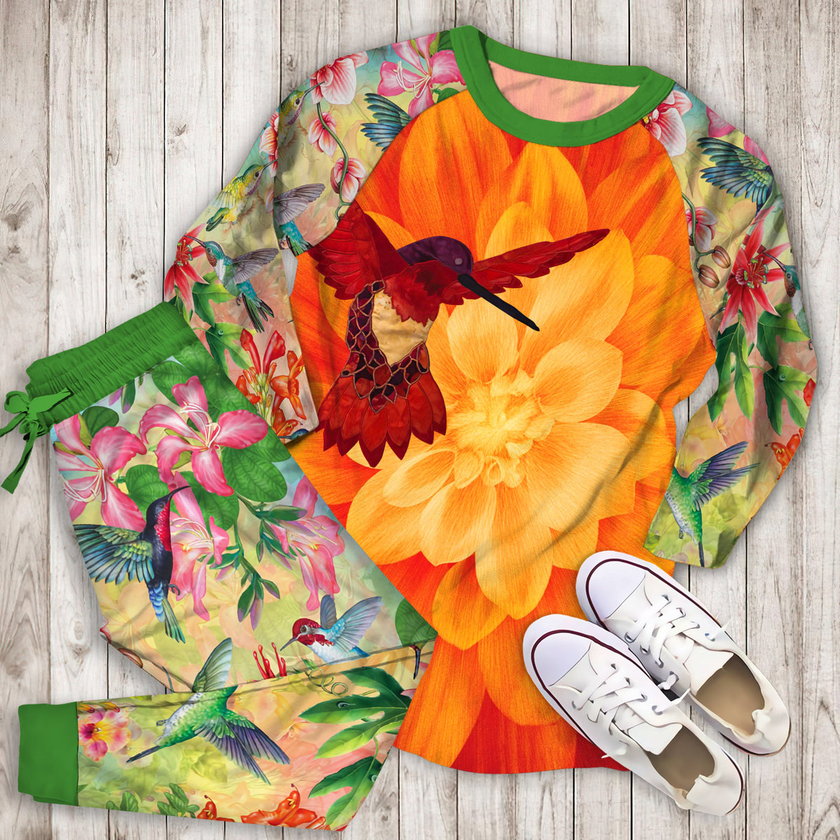 Hummingbird Pajama Set | Pajamas | Cotton Sleepwear Sets | Soft Long Sleeve Pjs | Raglan Shirt and Pants Set