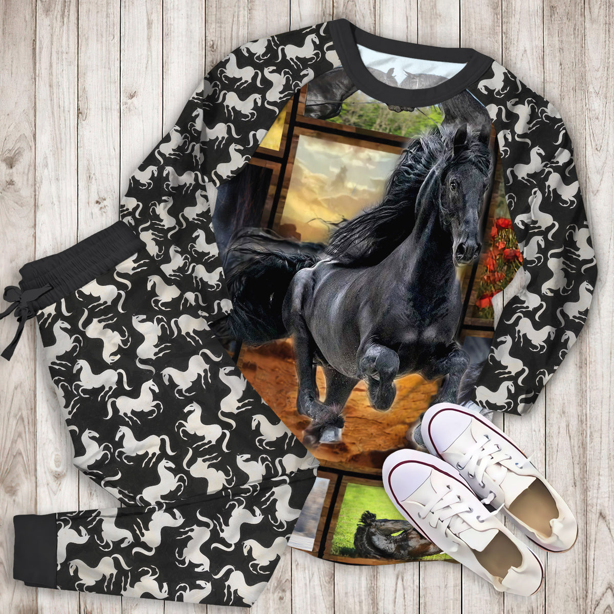 Friesian Horse Pajama Set |Sleepwear Pjs Sets | Raglan Shirt Pants Set