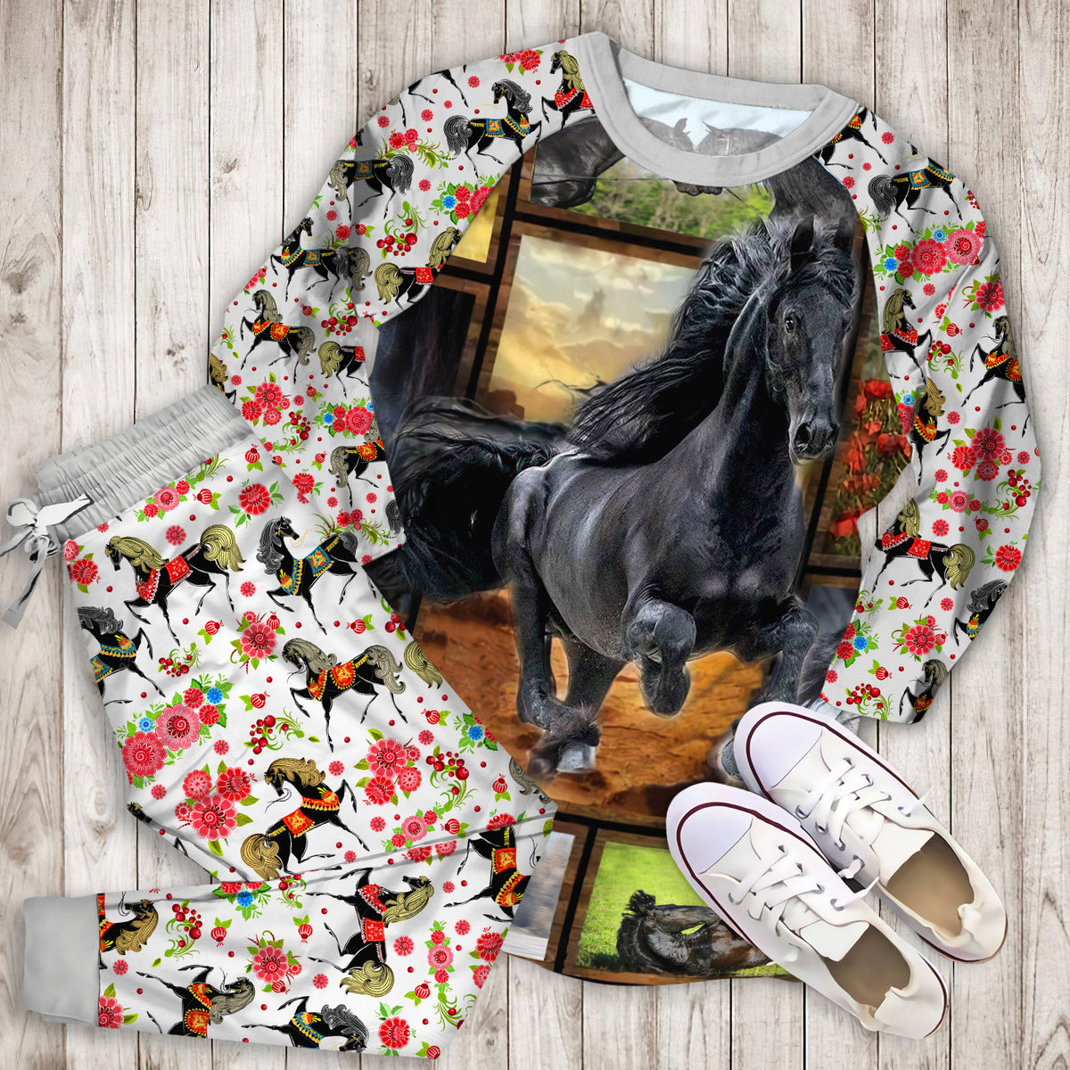 Friesian Horse Pajama Set |Sleepwear Pjs Sets | Raglan Shirt Pants Set