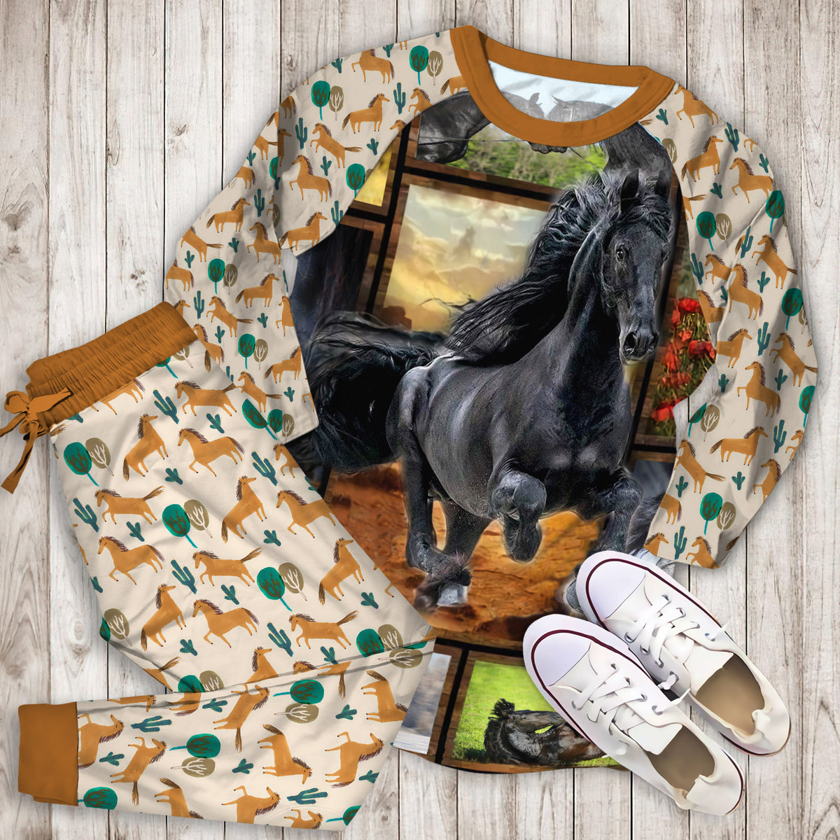 Friesian Horse Pajama Set |Sleepwear Pjs Sets | Raglan Shirt Pants Set