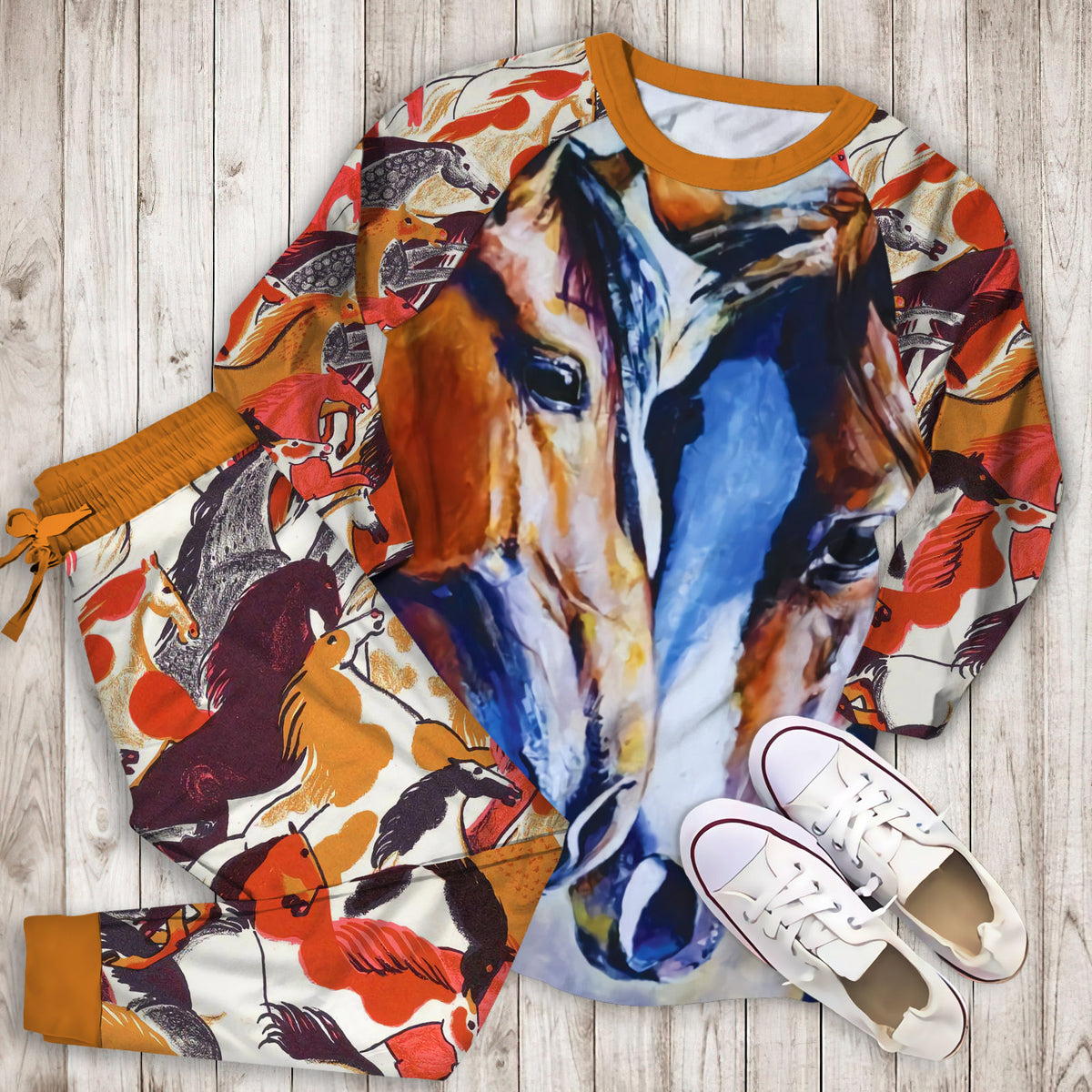 Beautiful Loving Horse Couple Pajama Set | Pajamas | Cotton Sleepwear Sets | Soft Long Sleeve Pjs | Raglan Shirt and Pants Set