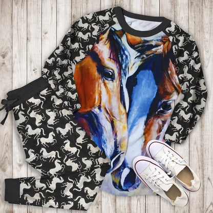 Beautiful Loving Horse Couple Pajama Set | Pajamas | Cotton Sleepwear Sets | Soft Long Sleeve Pjs | Raglan Shirt and Pants Set