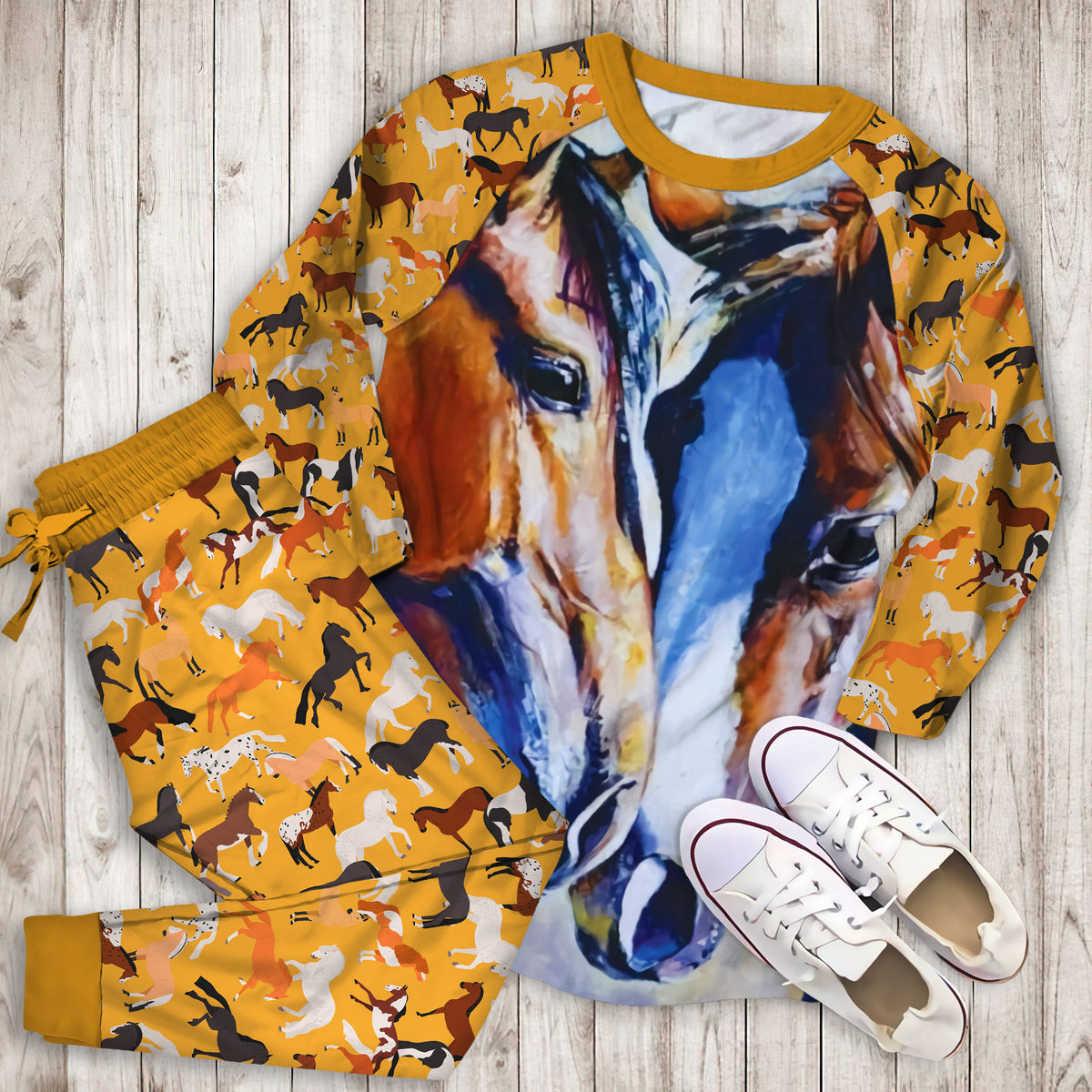 Beautiful Loving Horse Couple Pajama Set | Pajamas | Cotton Sleepwear Sets | Soft Long Sleeve Pjs | Raglan Shirt and Pants Set