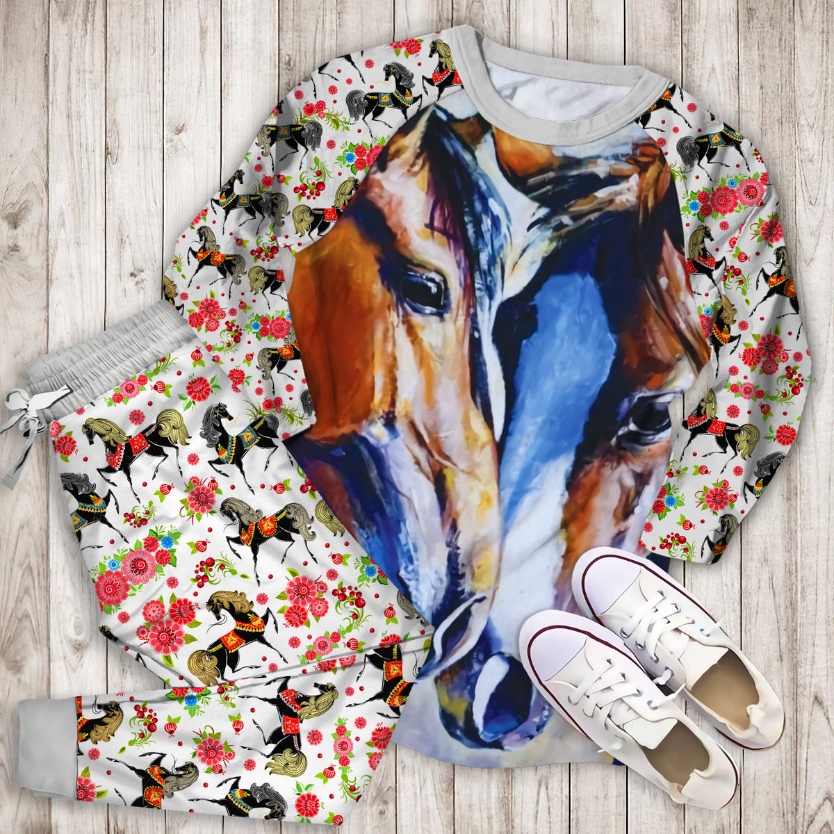 Beautiful Loving Horse Couple Pajama Set | Pajamas | Cotton Sleepwear Sets | Soft Long Sleeve Pjs | Raglan Shirt and Pants Set