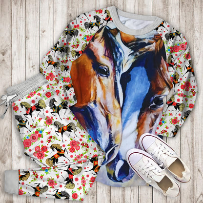 Beautiful Loving Horse Couple Pajama Set | Pajamas | Cotton Sleepwear Sets | Soft Long Sleeve Pjs | Raglan Shirt and Pants Set