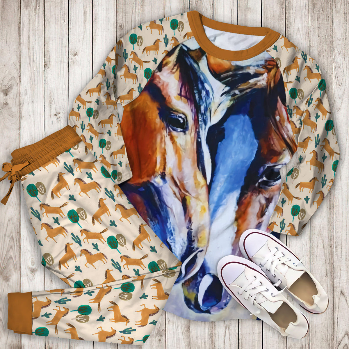 Beautiful Loving Horse Couple Pajama Set | Pajamas | Cotton Sleepwear Sets | Soft Long Sleeve Pjs | Raglan Shirt and Pants Set