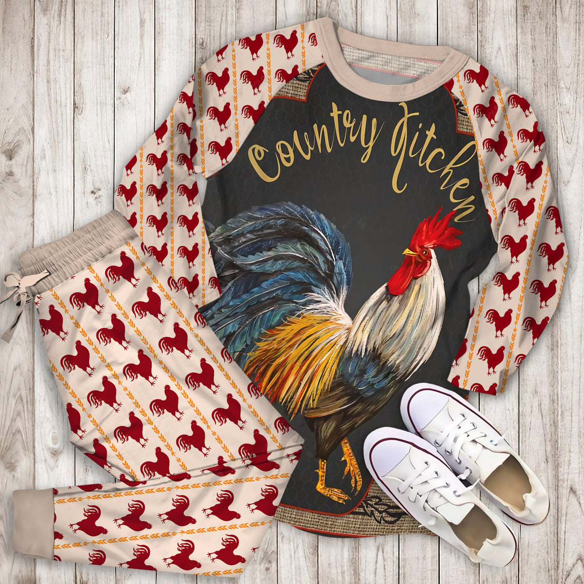 Rooster Pajama Set | Pajamas | Cotton Sleepwear Sets | Soft Long Sleeve Pjs | Raglan Shirt and Pants Set