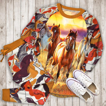Horses Sunset Pajama Set | Pajamas | Cotton Sleepwear Sets | Soft Long Sleeve Pjs | Raglan Shirt and Pants Set