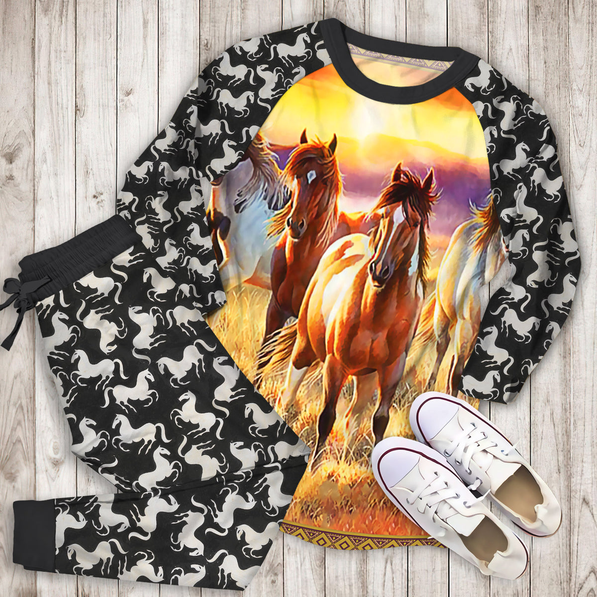 Horses Sunset Pajama Set | Pajamas | Cotton Sleepwear Sets | Soft Long Sleeve Pjs | Raglan Shirt and Pants Set