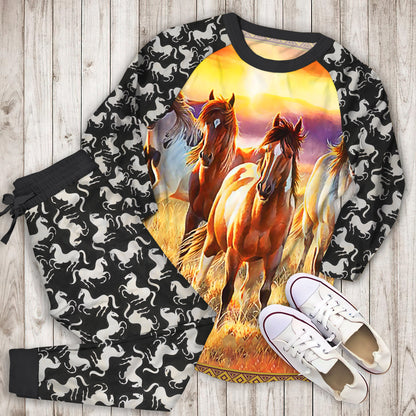 Horses Sunset Pajama Set | Pajamas | Cotton Sleepwear Sets | Soft Long Sleeve Pjs | Raglan Shirt and Pants Set