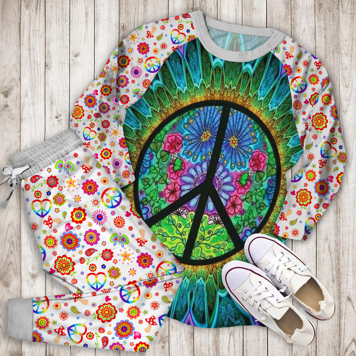 Hippie Purple Peace Pajama Set |Sleepwear Pjs Sets | Raglan Shirt Pants Set