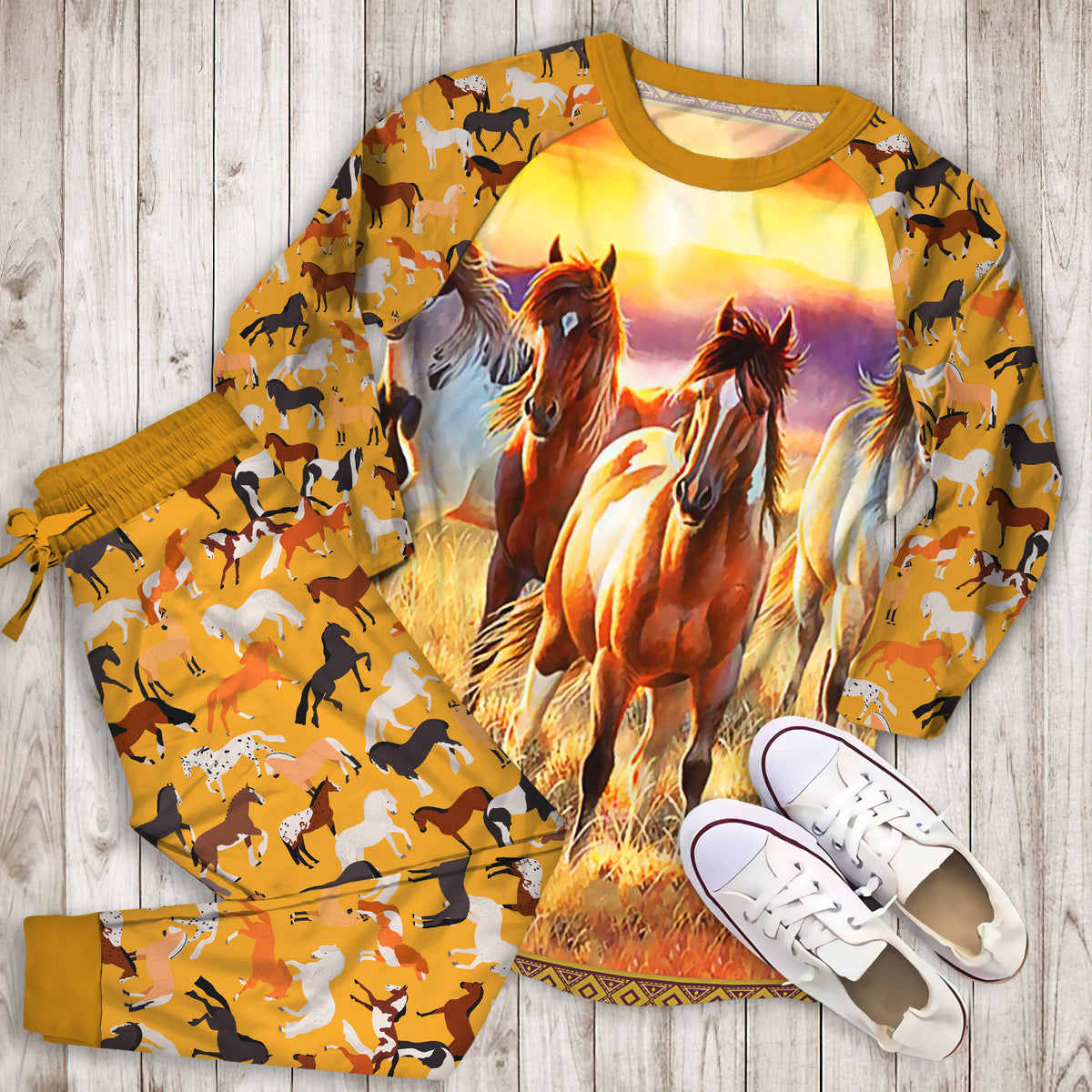 Horses Sunset Pajama Set | Pajamas | Cotton Sleepwear Sets | Soft Long Sleeve Pjs | Raglan Shirt and Pants Set