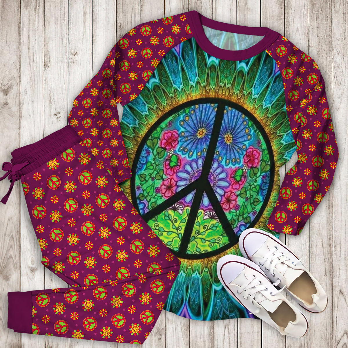 Hippie Purple Peace Pajama Set |Sleepwear Pjs Sets | Raglan Shirt Pants Set