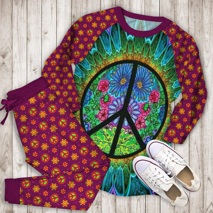 Hippie Purple Peace Pajama Set |Sleepwear Pjs Sets | Raglan Shirt Pants Set